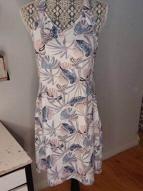 Kyodan White Halter Midi Dress with Pastel Blue and Blush Leaf Print